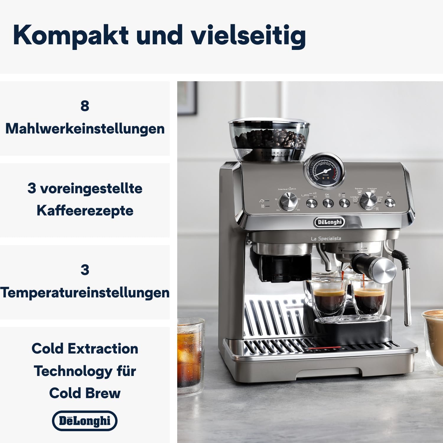 De'Longhi La Specialista Arte EC9155. MB Machine met zeven dragers, espressomachine met molen, 8 malingen, 15 bar, 3 temperaturen, melkopschuimmondstuk, 1300 W, tank van 1,5 l, roestvrij staal/zwart incl. barista-kit