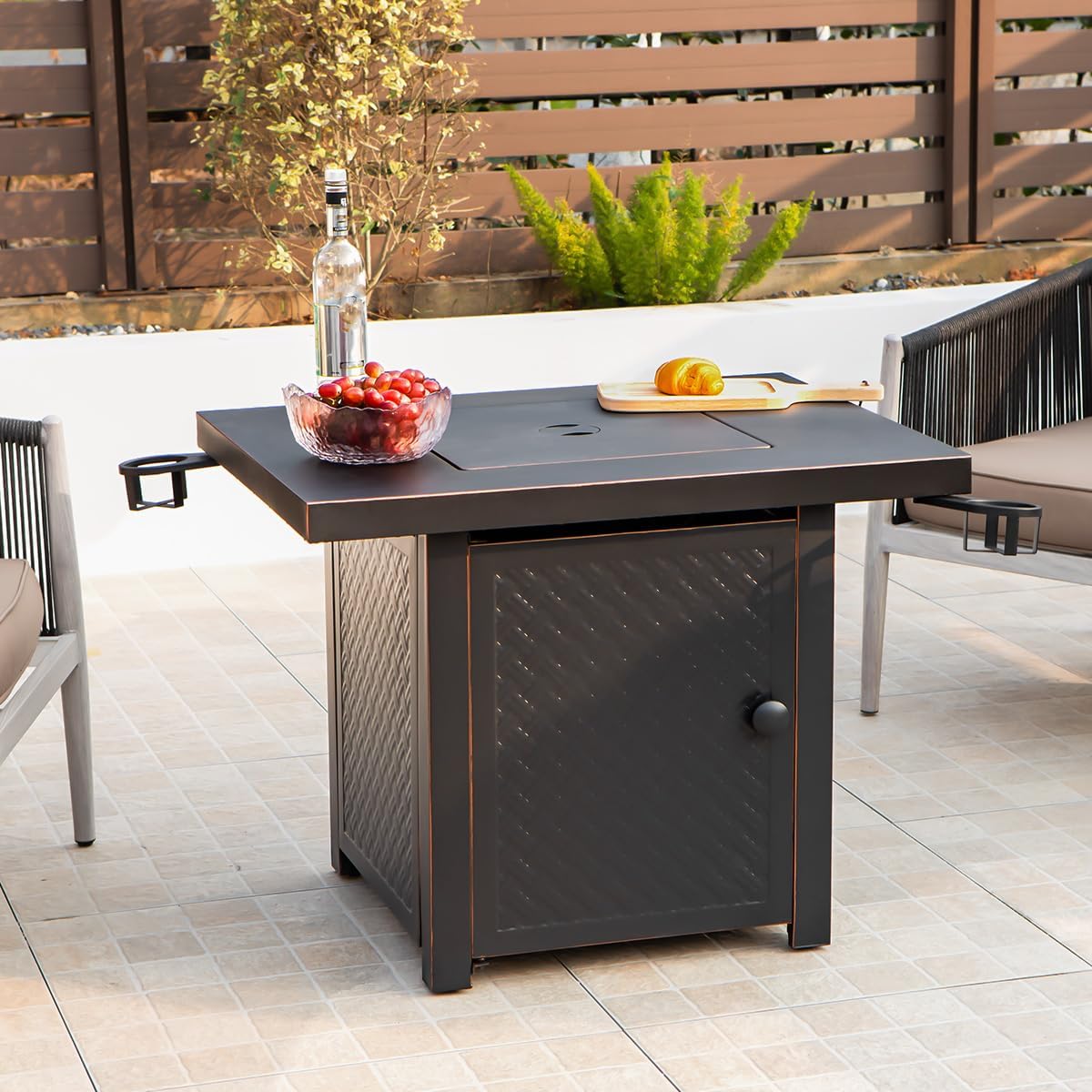 Verdeluxe 32'' Propane Fire Pit,50000 BTU Gas Firepit Table with 2 Drink Holders, Lid & Lava Rock,Outdoor Fire Pit Table for Dining or Party,Propane Firepits for Outside,Patio,Yard