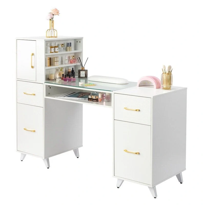 Embossed Particle Board Tempered Glass 55 W Manicure Table