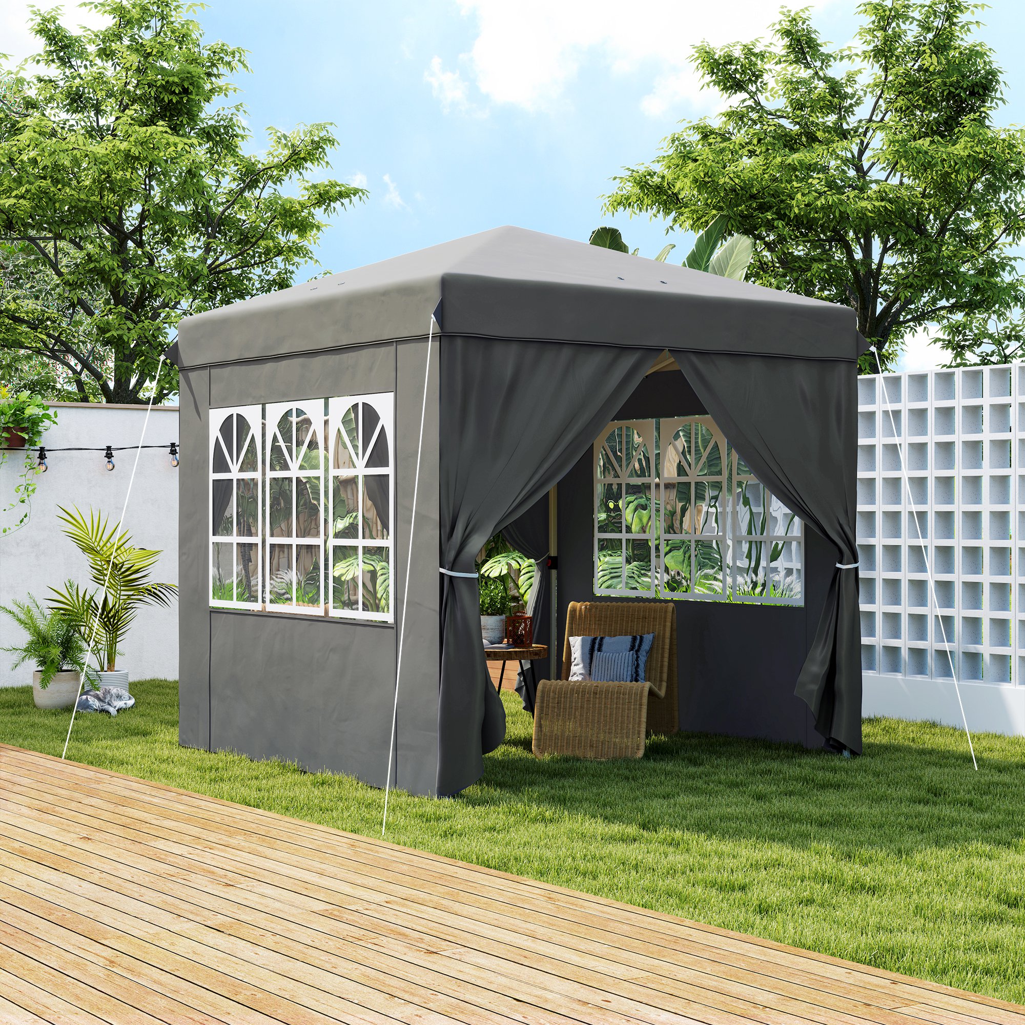 Outsunny 2,5 x 2,5 m Pop-up Paviljoen met Zijwanden en Transporttas, UPF50+ Hoogte Verstelbaar Tuinpaviljoen, Donkergrijs