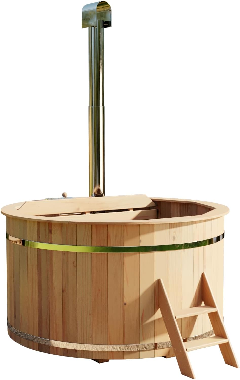 Holz Badefass Bergen, Hot Tub Ø 160 x 110 cm, inkl. Edelstahl-Ofen 22 kW und Einstiegsleiter, 3-4 Personen, Schwimmbecken, Badebottich, Sprudelbad