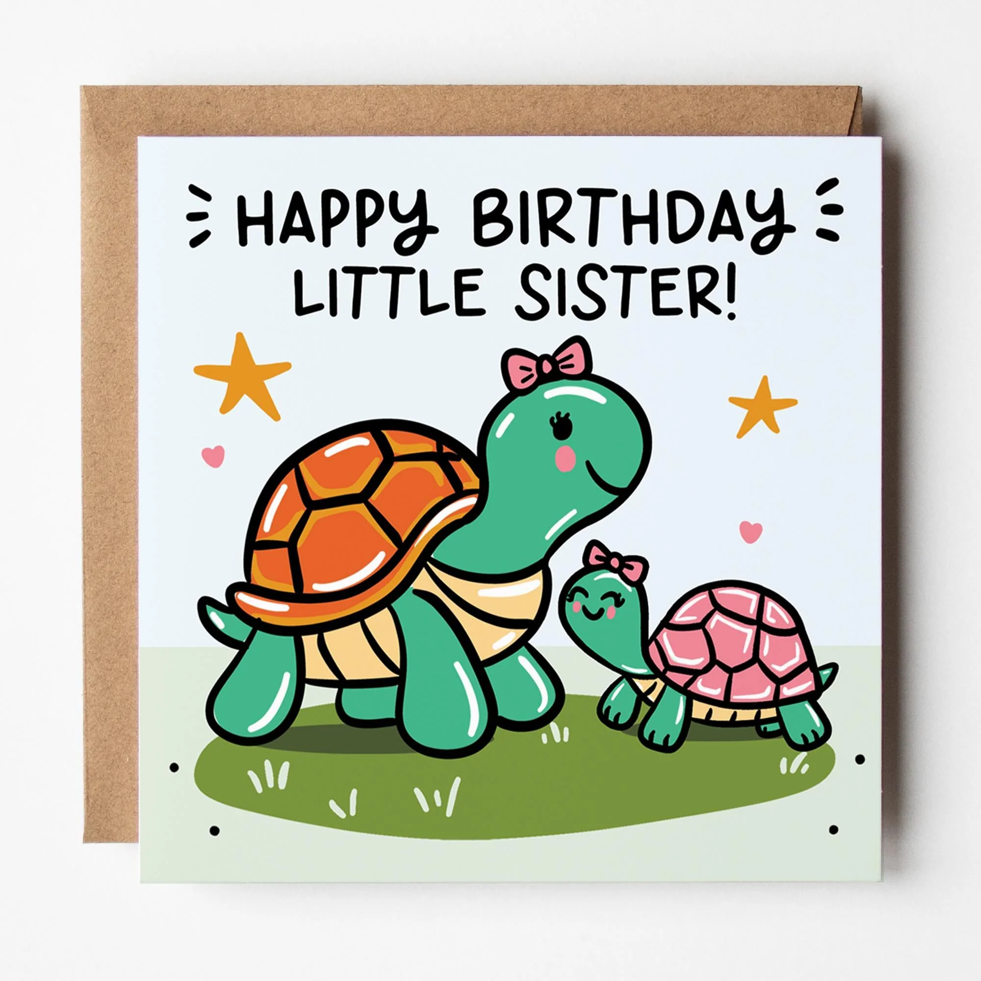 Little Sister Birthday Card: from Big Sister, Cute Turtles, with Kraft Envelope