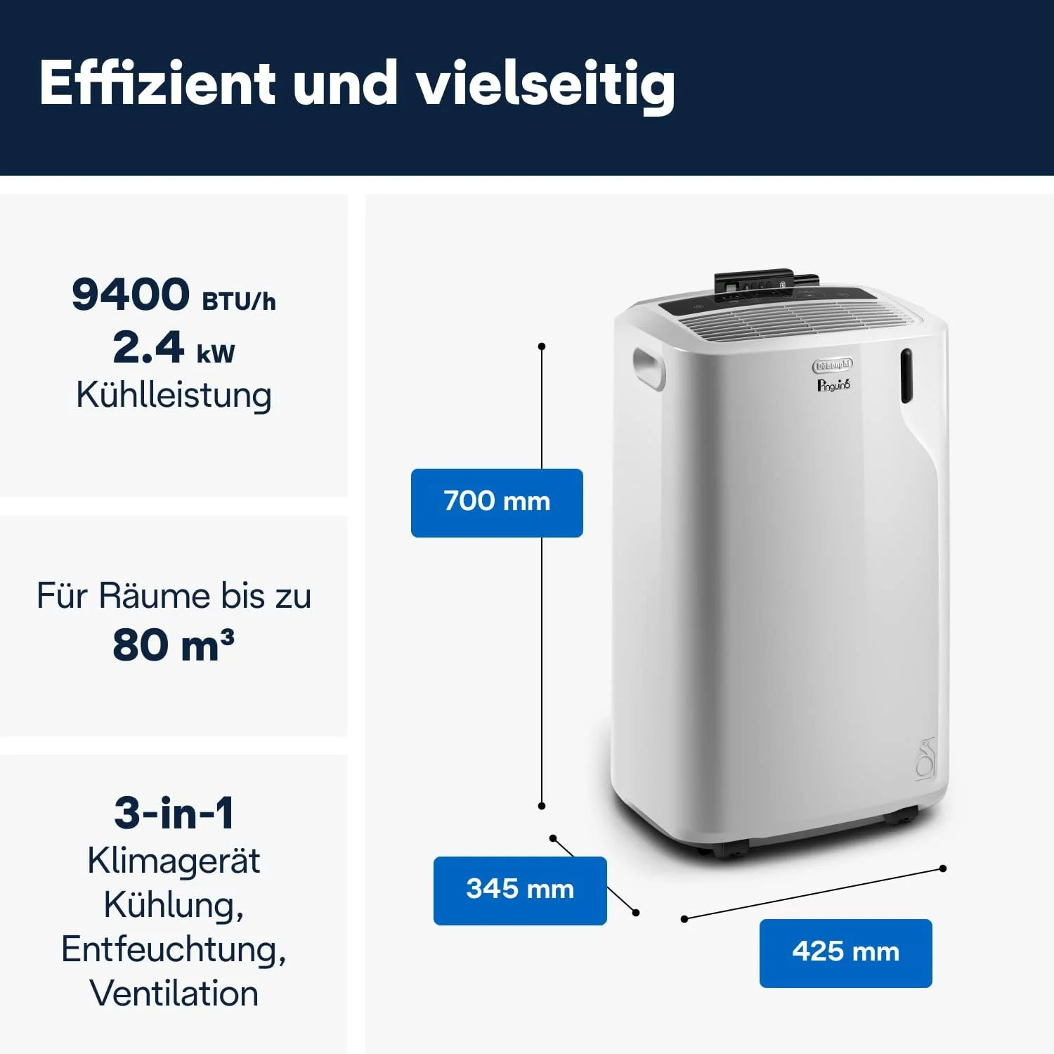 De'Longhi Pinguino PAC EM82, Condizionatore Portatile per ambienti fino a 80 m³, 9.400 BTU, 2,4 kW, 63 dB, Funzione Deumidificatore, Classe Energetica A, Timer 24h, Bianco