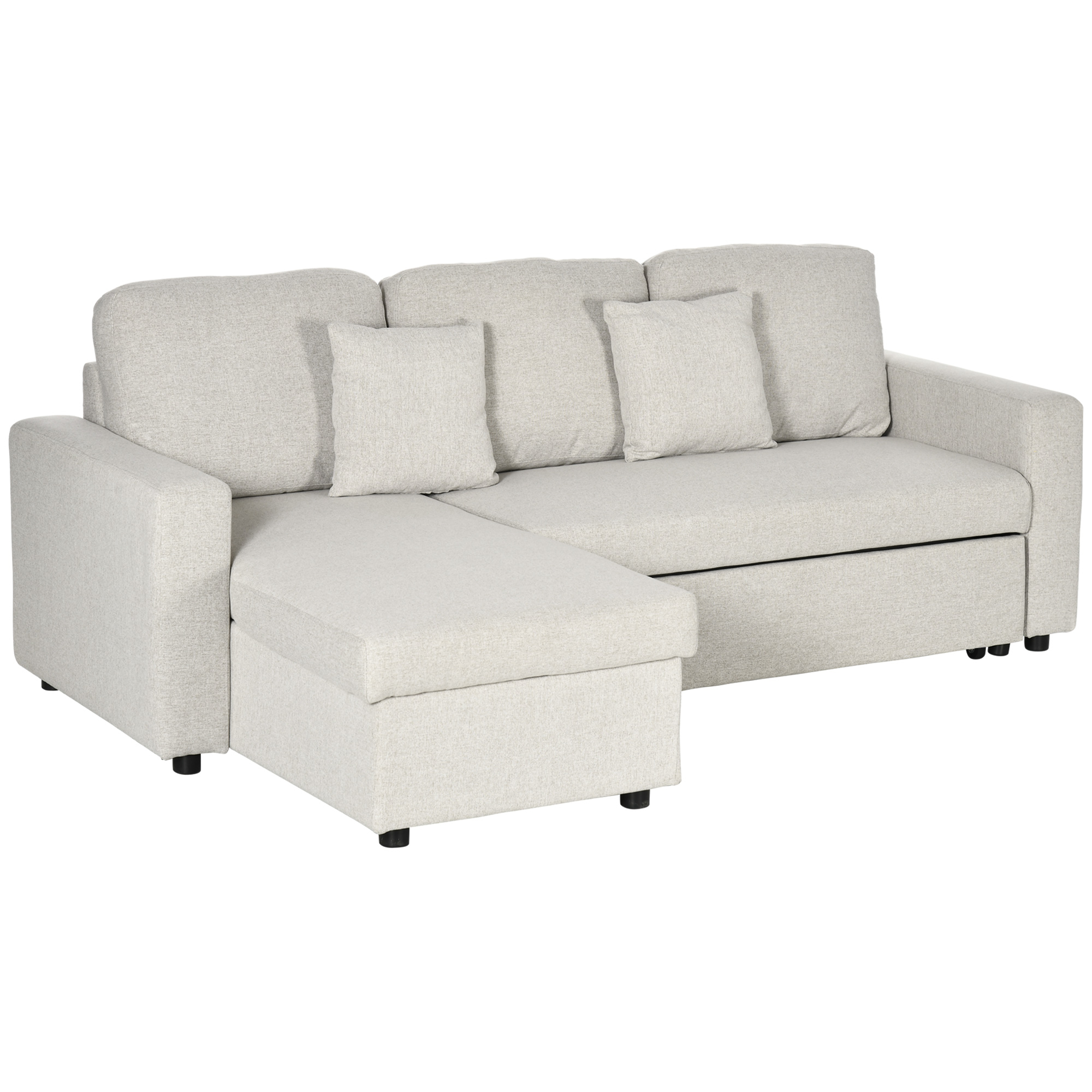 Slaapbank Hoekbank met Bedfunctie, inclusief 2-Zits Sofa, Eenpersoonsbed, L-vorm met Opbergruimte, 2 Kussens Crmewit