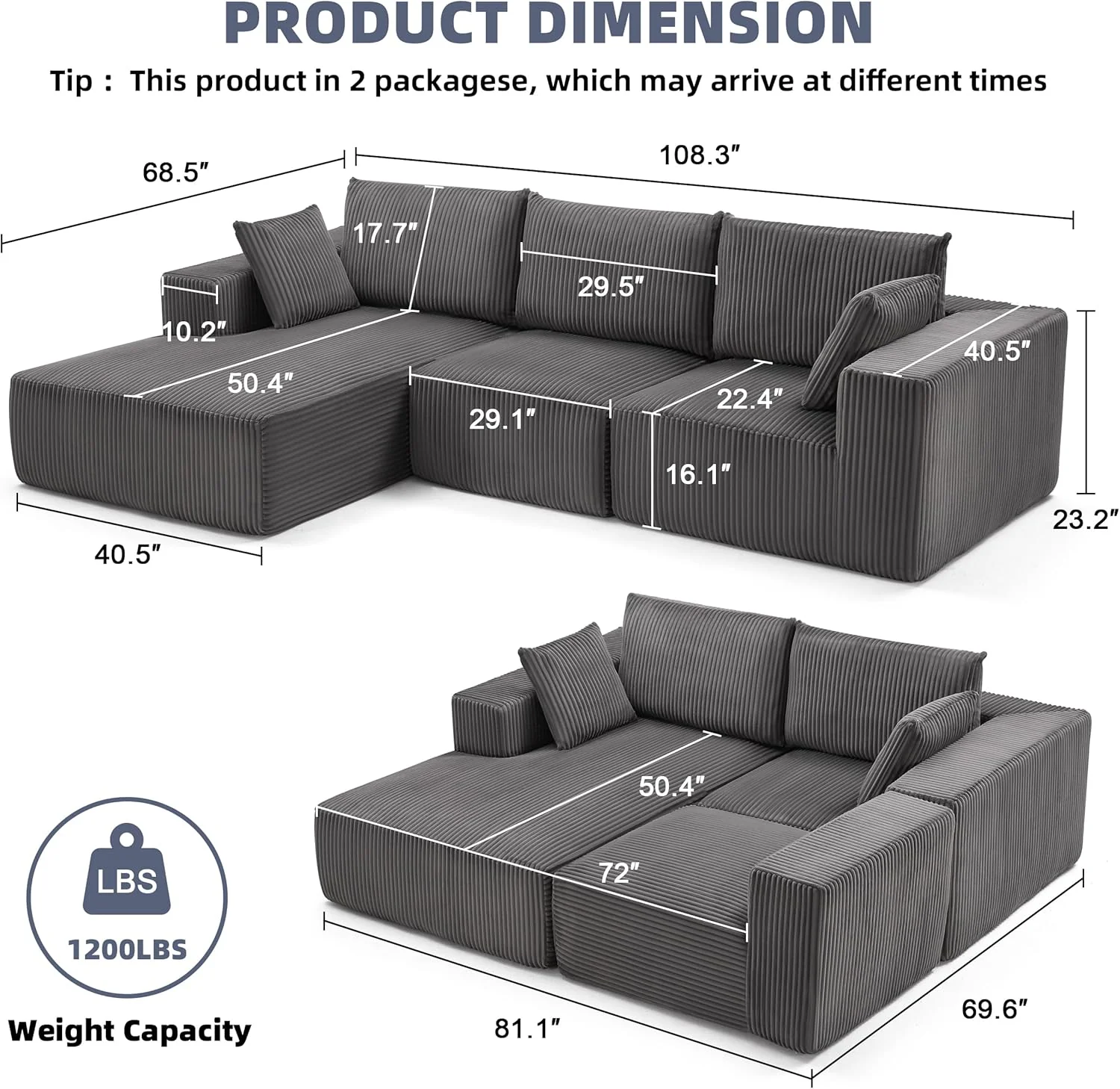 108 Modular Sectional Sofa Cloud Sectional Couch Modern Modular L-Shape Sofa Couch