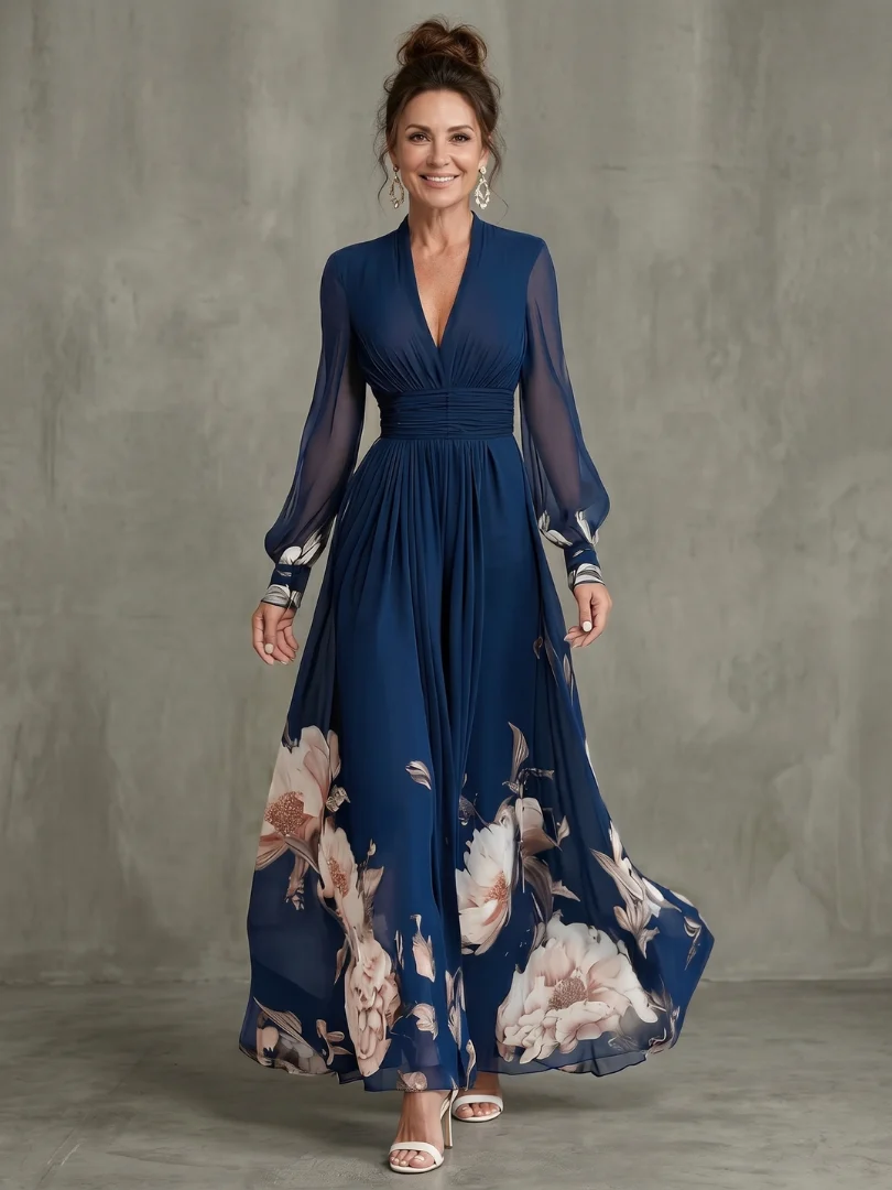 Womena??s Maxi Dress Pleated Sheer Sleeves and Defined Waist