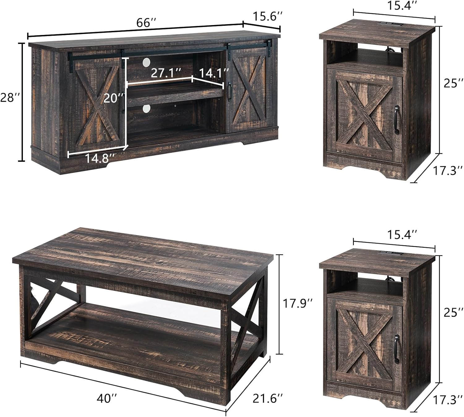 AMERLIFE 4-Piece Farmhouse Table Set Includes Sliding Barn Door TV Stand, Coffee Table& Two End Tables, Side Table with Charging Station and USB Ports, for Living Room, Dark Oak, 66