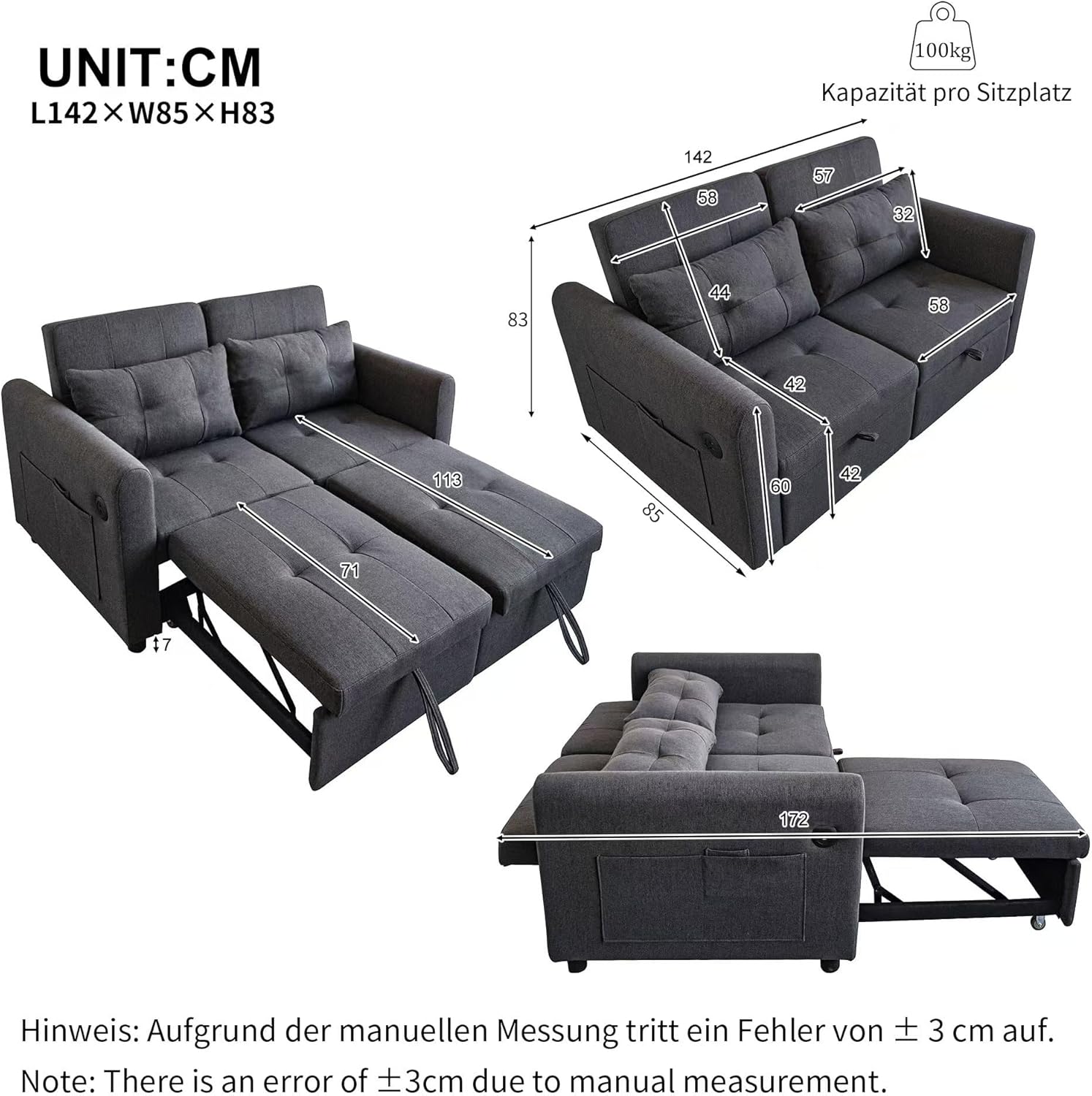 Modernes Doppel-Klappschlafsofa, 2-Sitzer Ausziehsofa mit Schlaffunktion, mit verstellbare Rückenlehne&Armlehnentaschen und Kissen, USB-Ladeanschluss, für Wohnzimmer Schlafzimmer Büro (Grau C)