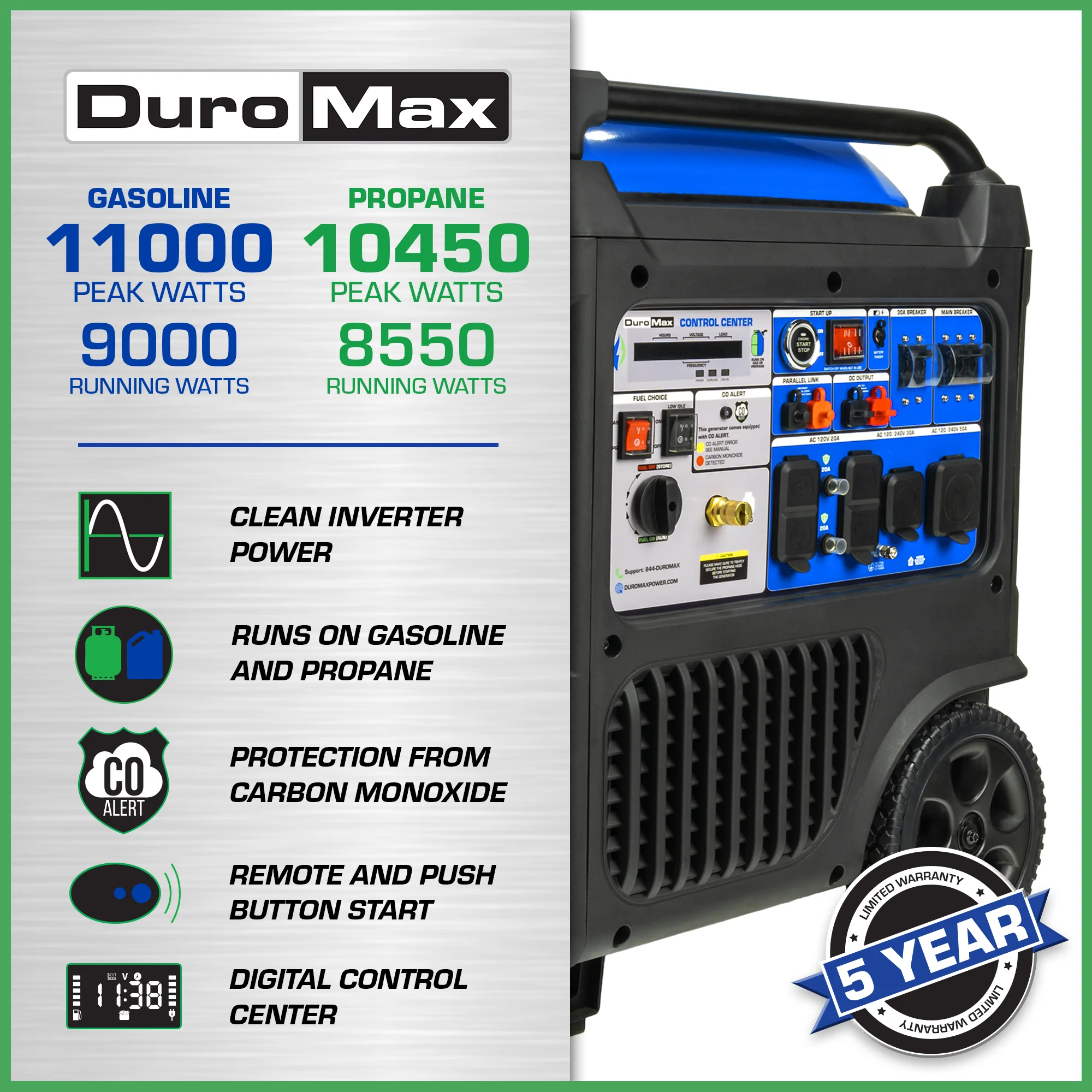 11.000 Watt draagbare dual-fuel invertergenerator met CO-alarm