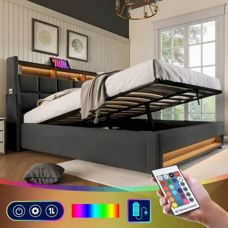 Queen/Full Size Upholstered Platform bed with a Hydraulic Storage System, LED and USB Charging