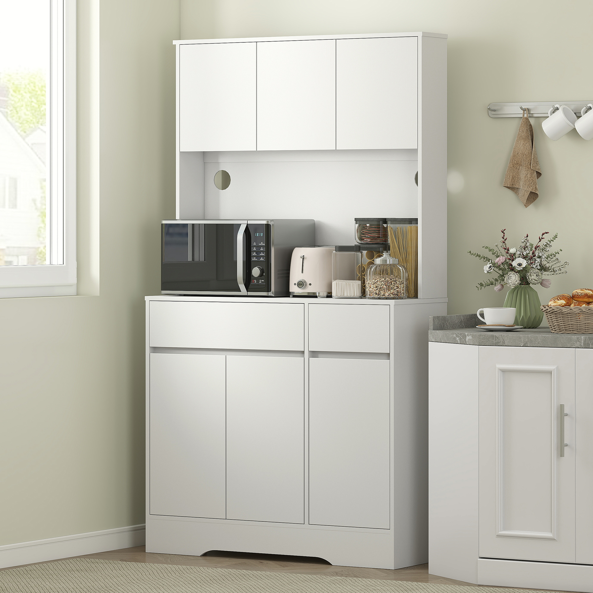 HOMCOM Keukenkast met Open Werkblad, 6 Kastdeuren, 2 Laden, Verstelbare Planken, Kabelgaten, Spaanplaat, Wit