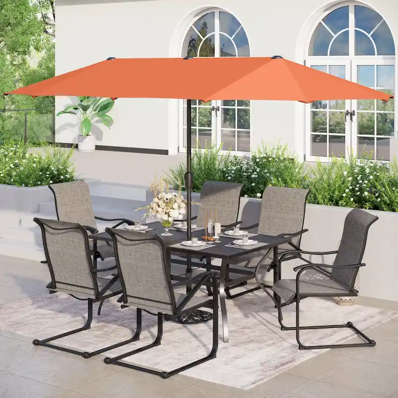7/8-Piece Patio Dining Set including 60x38 Slatted Metal Table with 1.56 Umbrella Hole and 6 Spring Motion Chairs