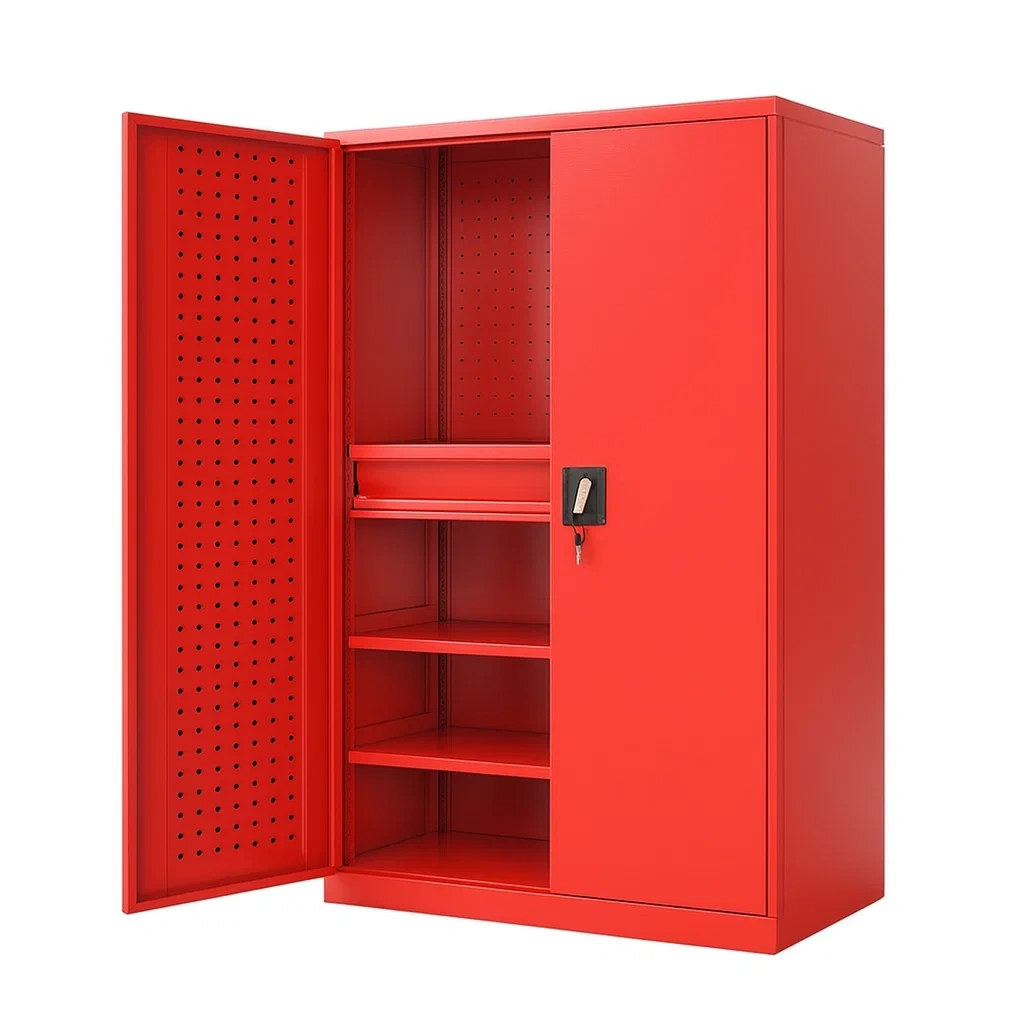 Armoire à outils de rangement en métal rouge avec portes battantes et étagères réglables