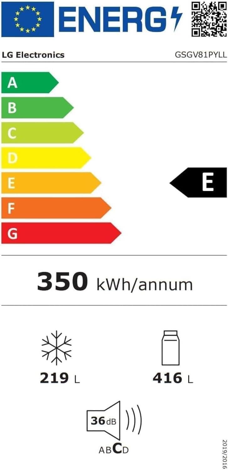LG GSGV81PYLL Side by Side Kühlschrank, Klasse E, 635 L, Instaview, Kühlschrank mit Gefrierfach, Eis-, Crushed Ice- Wasserspender, Total NoFrost, Smart Inverter Kompressor, Wi-Fi