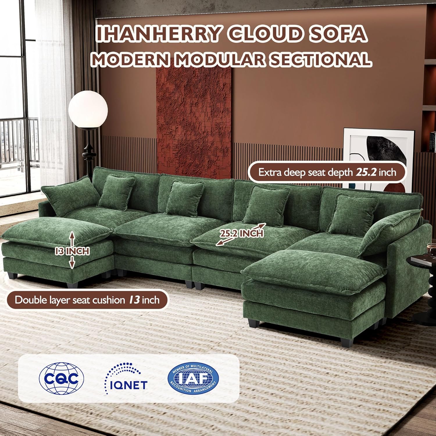 111.4 Inch L-Shaped Modern Sofa Modular Cloud Sofa Ottoman 4-Seater Chenille Deep Seat Sofa