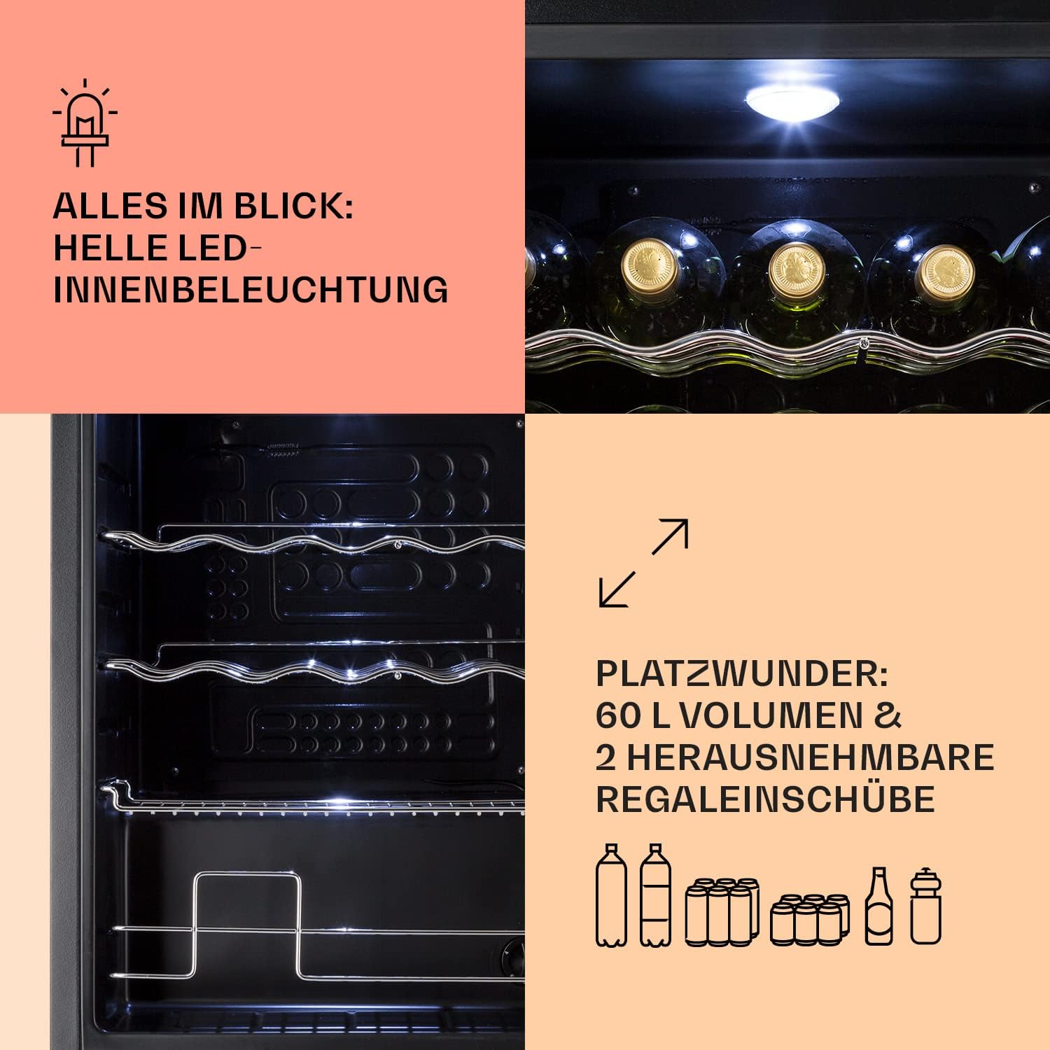 Klarstein Mini Koelkast met Glazen Deur voor Kamer, Drankenkoelkast met Verstelbare Planken, Klein 80 Liter, Indoor/Outdoor Koelkast Stil