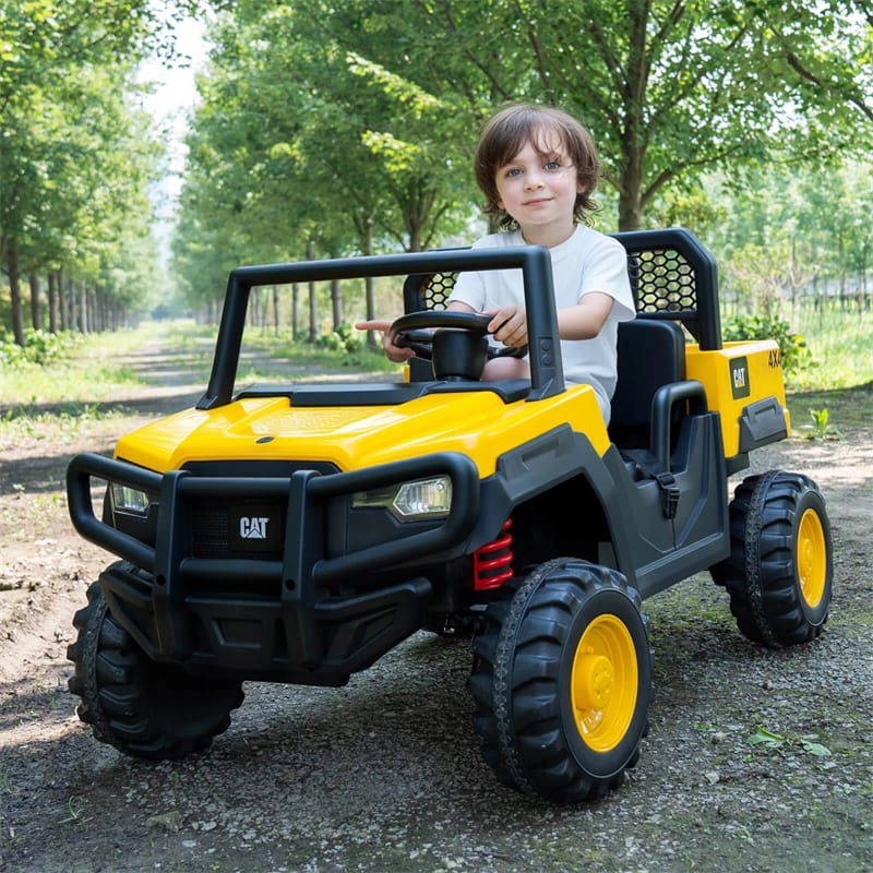 24V 4WD 2-Seater Ride on Dump Truck Licensed Caterpillar Electric Vehicle with Remote Control & Soft Start, Kids Ride On UTV Car with Dump Bed