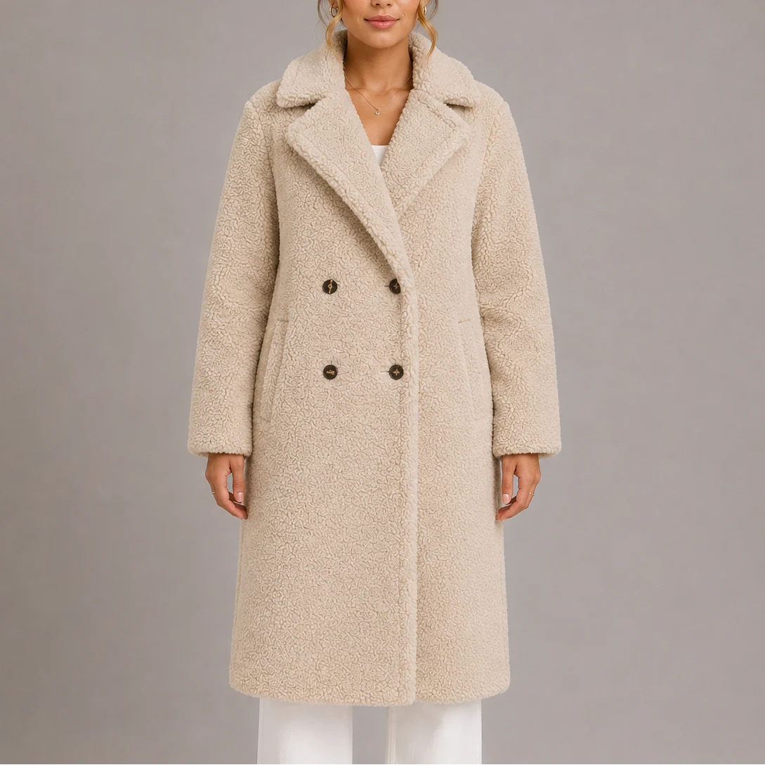 Women��s Long Teddy Coat Double-Breasted Faux Fur Style
