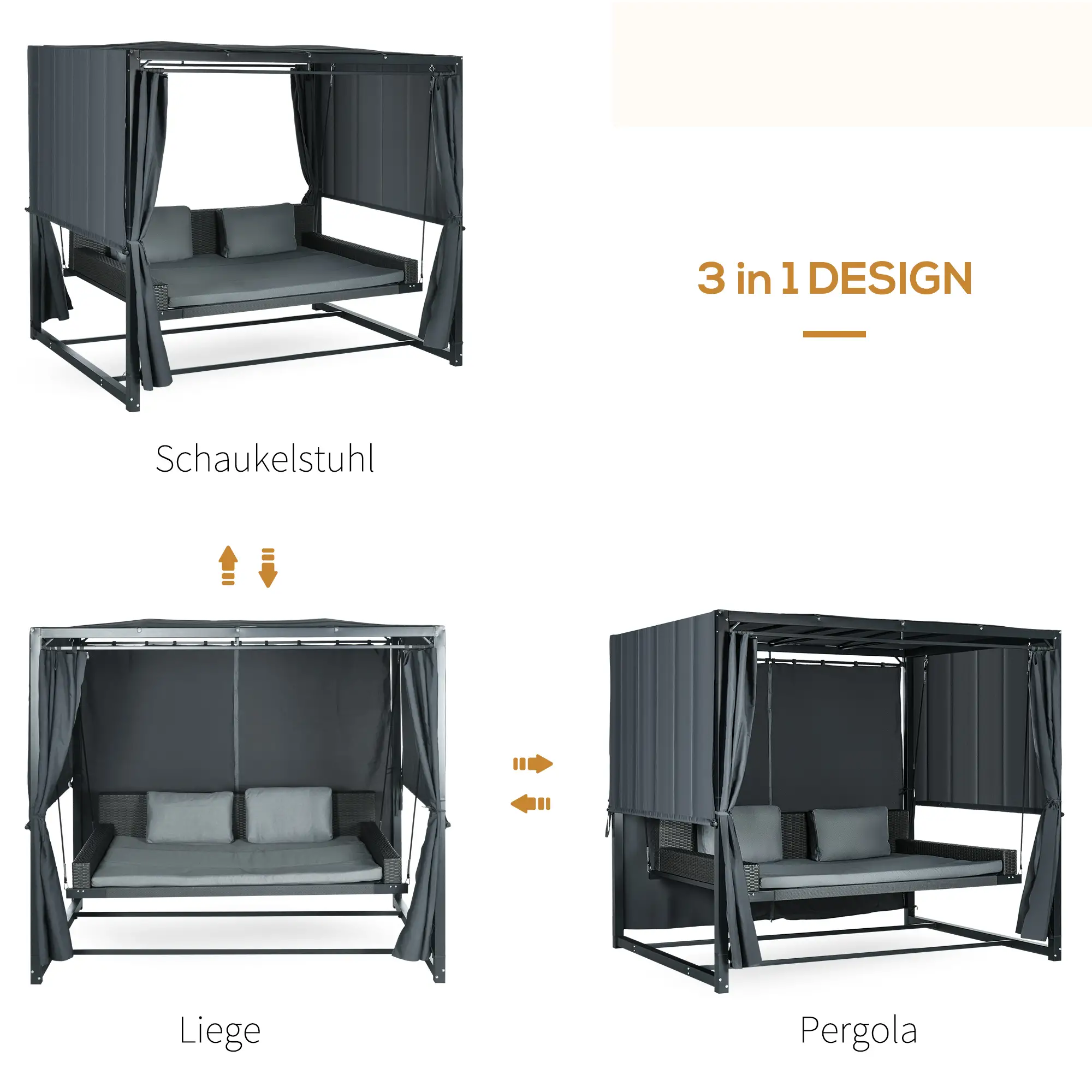 Outsunny Hollywoodschaukel Outdoor 3-in-1 mit Baldachin & Sichtschutz