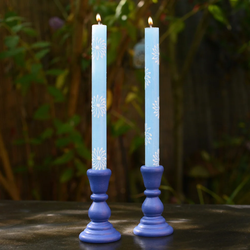 Turquoise Candles with White Daisies, Set of 2
