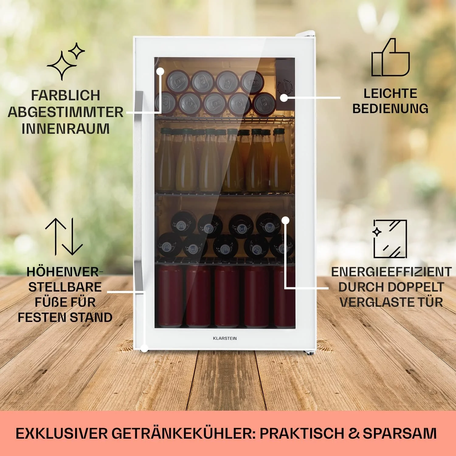 Klarstein Mini Koelkast met Glazen Deur voor Kamer, Drankenkoelkast met Verstelbare Planken, Klein 80 Liter, Indoor/Outdoor Koelkast Stil