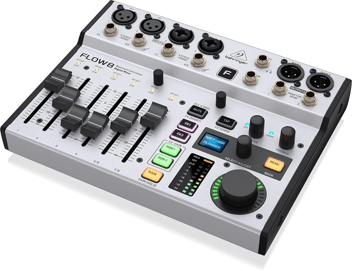 Behringer FLOW 8 8-Input Digital Mixer with Bluetooth Audio and App Control, 60mm Channel Faders, 2 FX Processors and USB/Audio Interface
