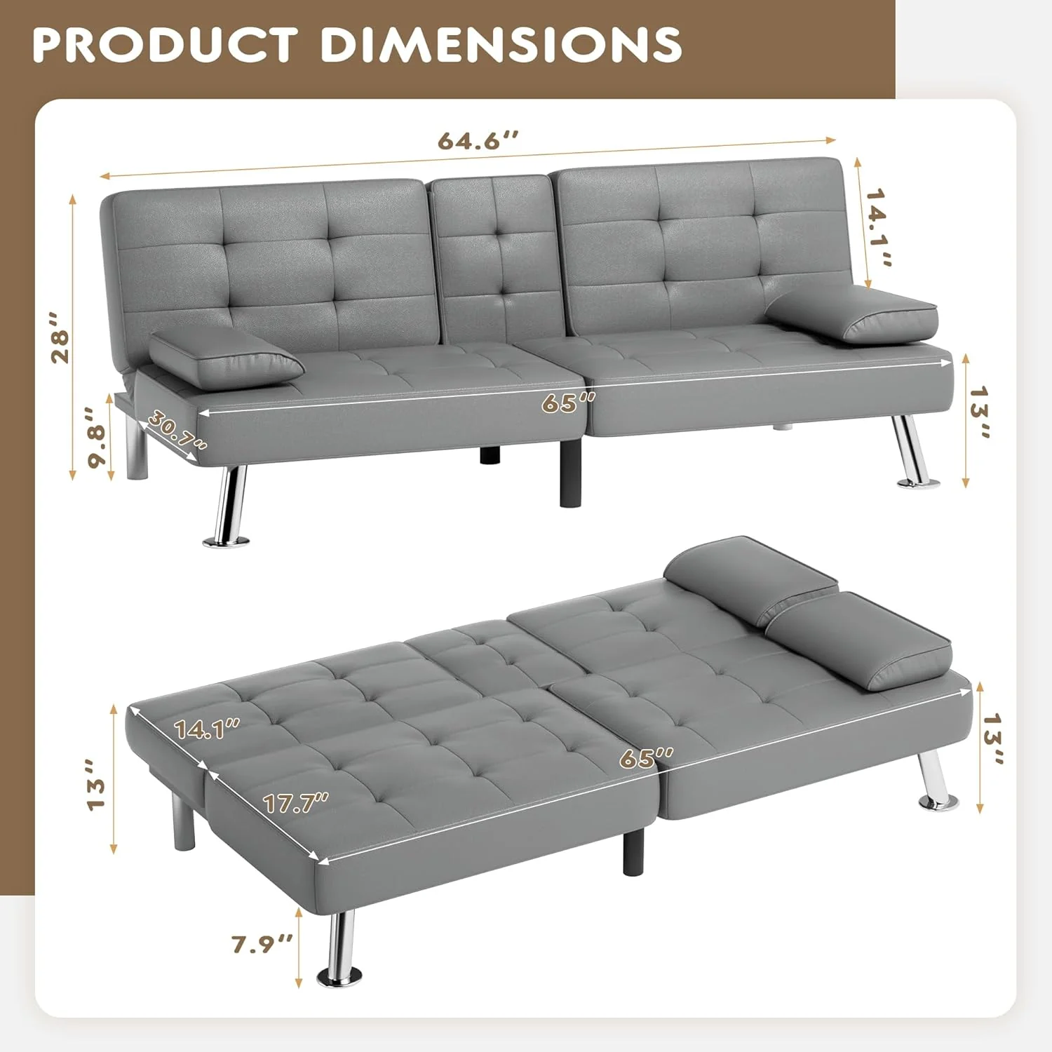 Homall Futon Sofa Bed Leather Futon Couch Removable Armrests Adjustable Recliner Sofa Bed