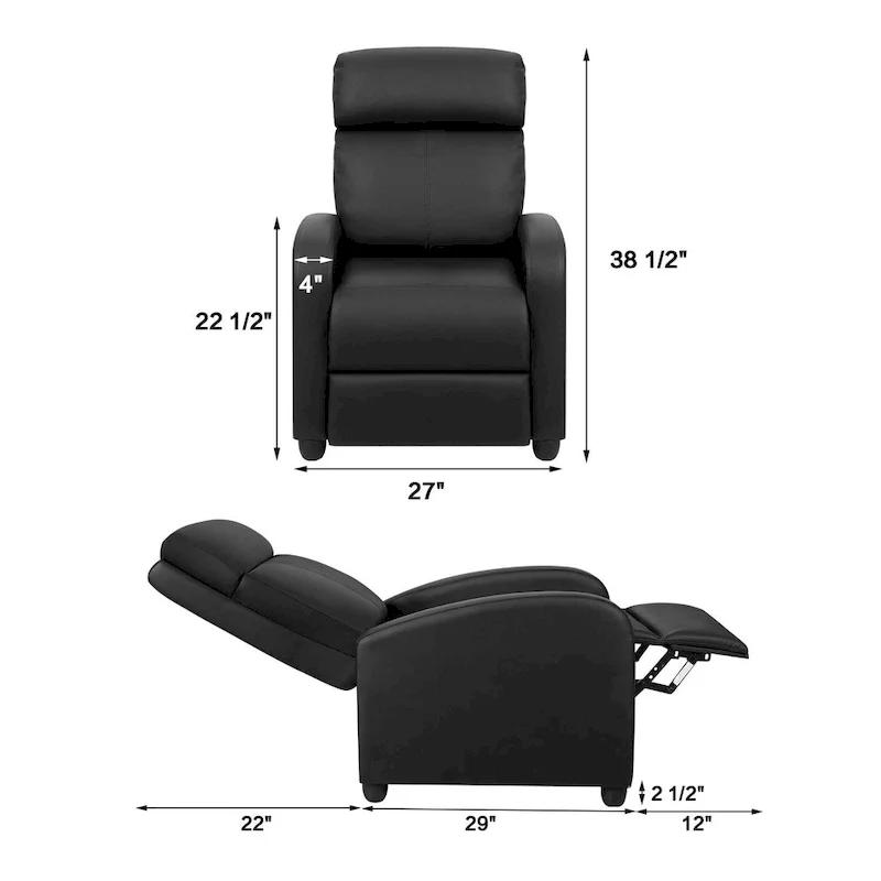 PU Leather Push-Back Recliner Chair, Brown / Black / Grey / Khaki / Red / Beige, Single