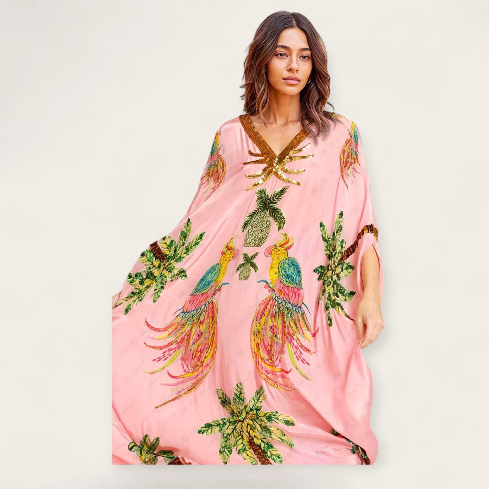 Women��s Tropical Print Kaftan Dress Loose-Fitting Summer Style