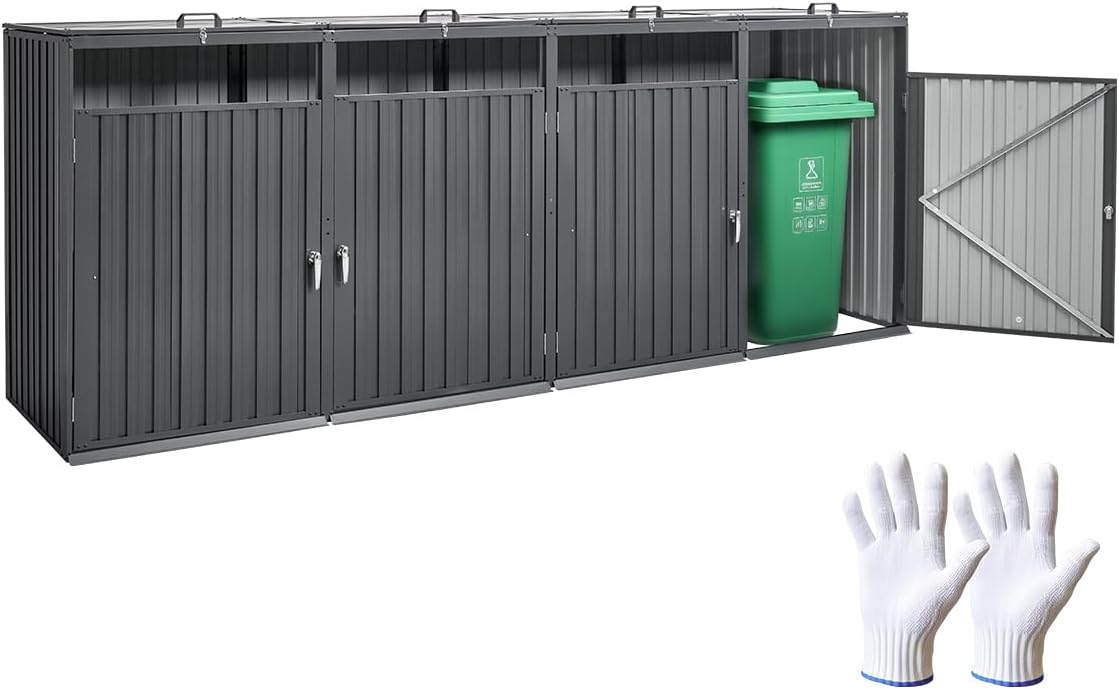 VEVOR Abri pour poubelles, 4 x 240 L, Rangement pour poubelles Horizontal en Acier galvanisé, boîte de Rangement à poubelles extérieur, étanche et verrouillable, pour Jardin, arrière-Cour et terrasse