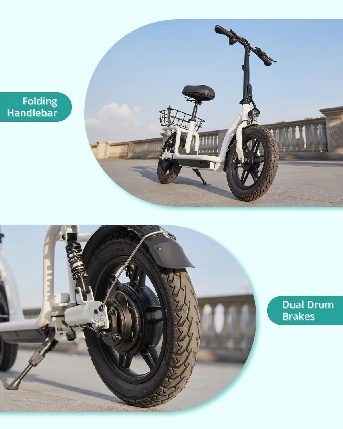 Gotrax adult electric scooter with seat, maximum range of 19-25 miles, all-terrain tires, wide pedals, padded seat, and carrycot