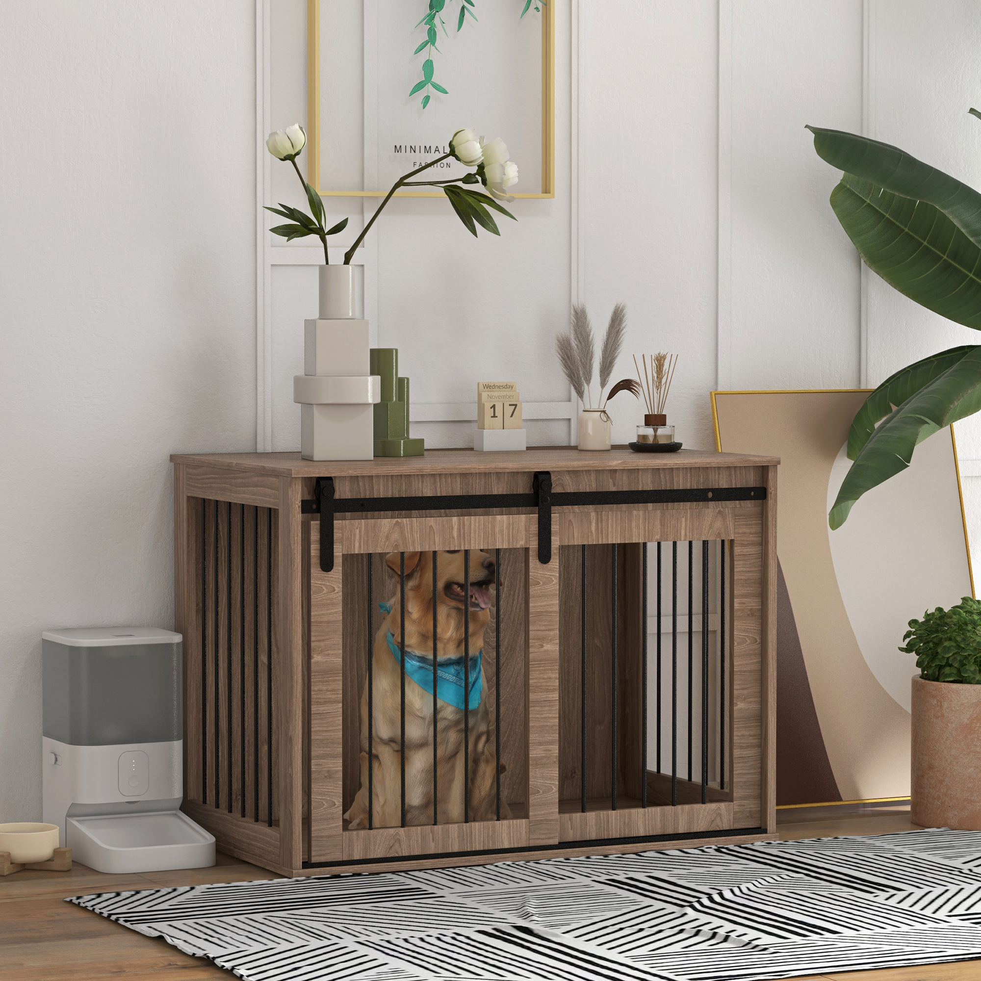 PawHut Hondenbench Hondenkooi, Afsluitbaar, Houtlook, Rustiek Ontwerp, 98 cm x 58 cm x 67 cm, Walnoot + Zwart