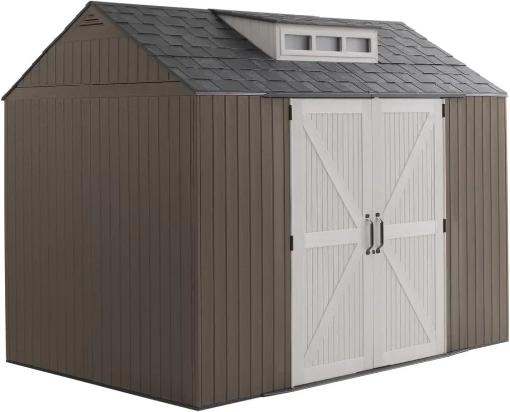 Rubbermaid Resin Outdoor Storage Shed With Floor (7 x 7 Ft) Weather Resistant Gray Organization for Home/Backyard/Garden Tools/Lawn Mower/Bike Storage/Pool Supplies