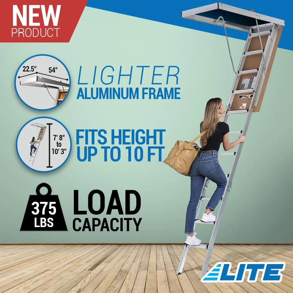 LITE 10ft Aluminum Attic Ladder, 375lb Capacity, Type IAA