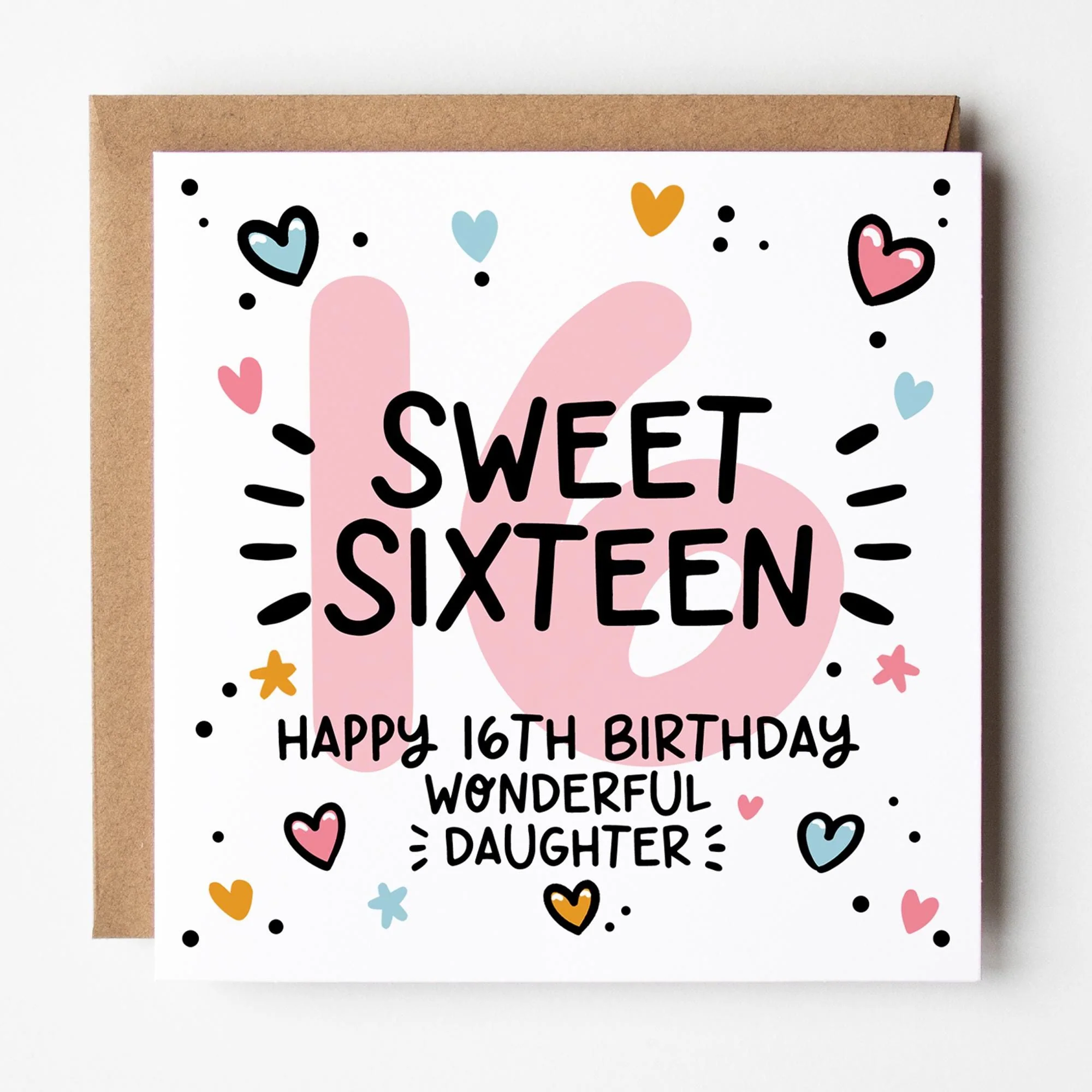 16th Birthday Card for Daughter: Pink 16, Sweet Sixteen with Hearts and Kraft Envelope
