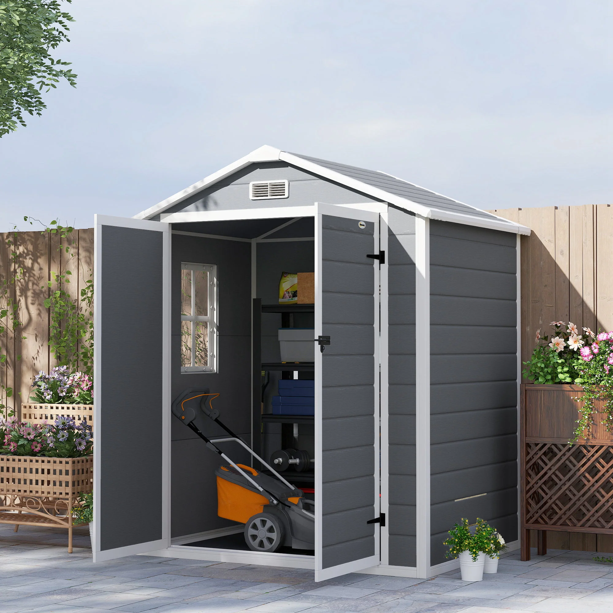 Outsunny Metalen Tuinschuur, afsluitbaar, Dubbele Deur, Raam, Aluminiumframe, 1,80 x 1,30 x 2,10 m, Grijs
