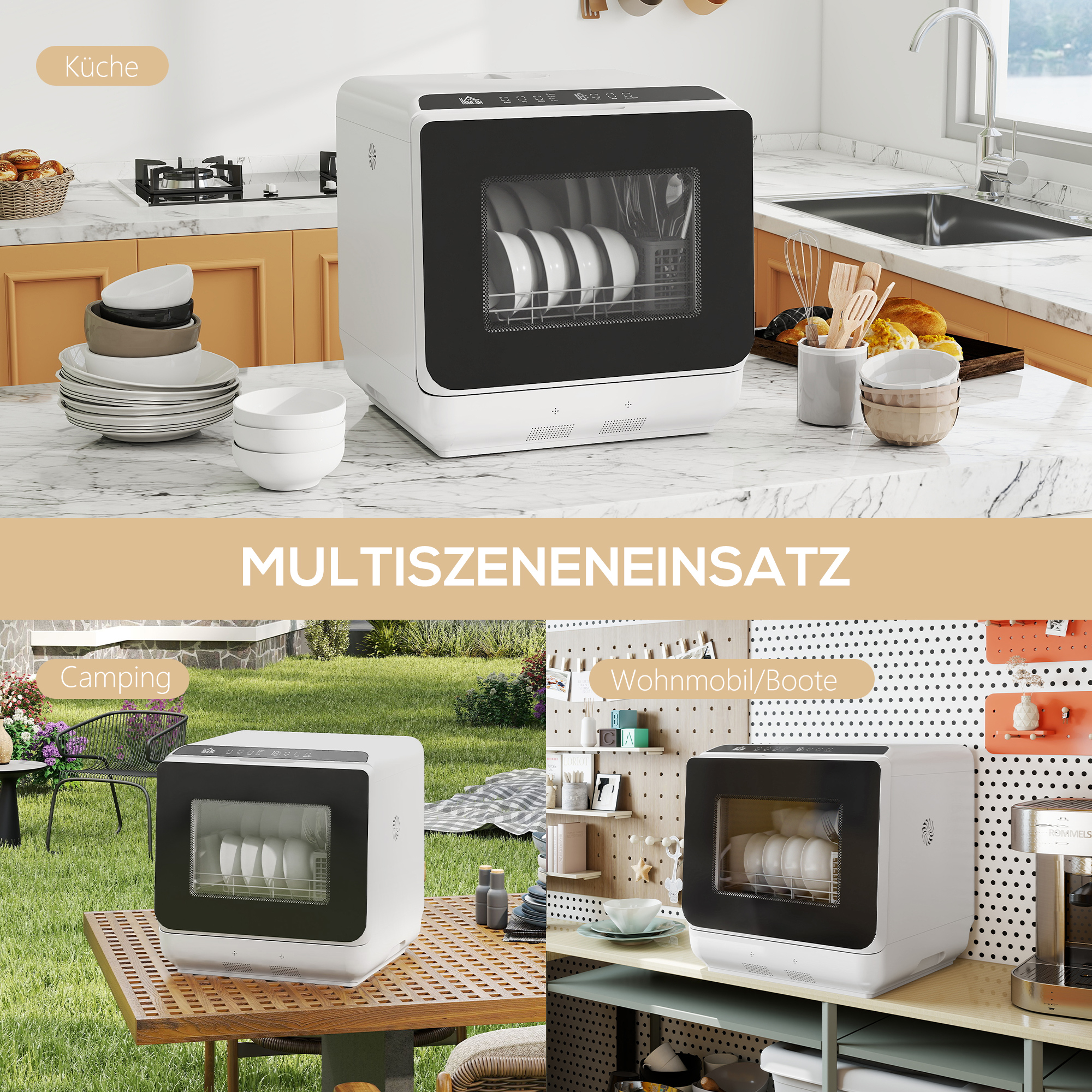 HOMCOM Tafelvaatwasser, Mini-Vaatwasser met 6-Liter-tank, 5 Programma's, LED-display, Droogfunctie, Wit