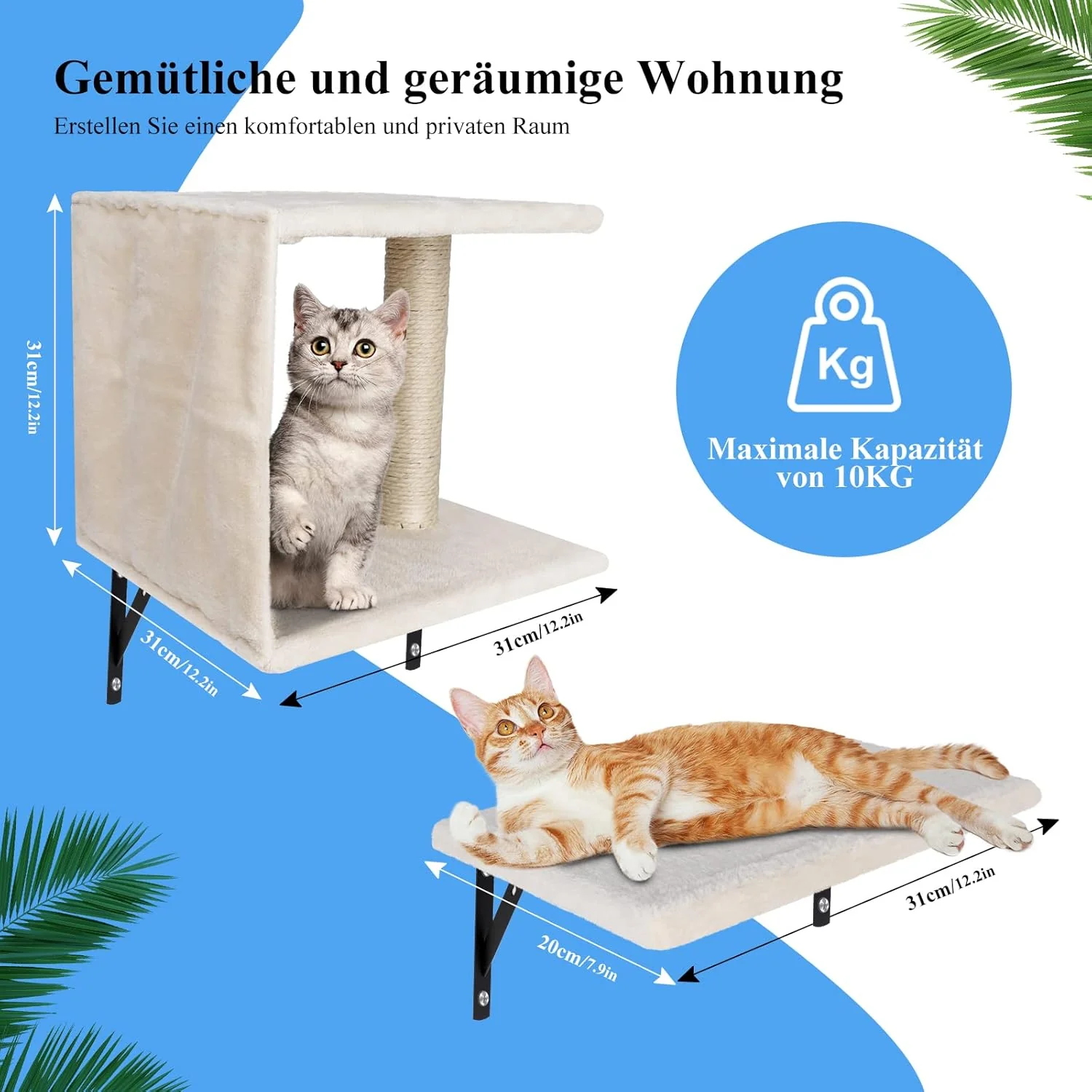 Zvonema Parete da arrampicata 10 pezzi-Amaca per gatti,Ponte sospeso con sisal antiscivolo,Tiragraffi con sisal,Riposo e mensola da parete da gioco con pallina,Parete da arrampicata per gatti fino a 10 kg