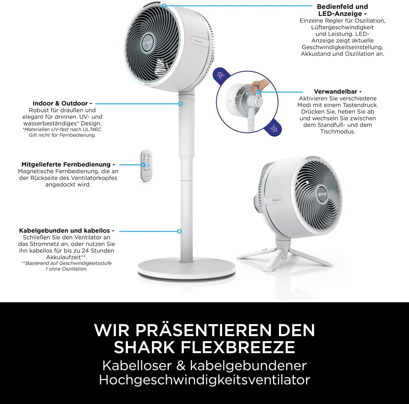 Shark FlexBreeze ventilátor, csendes, hibrid ventilátor vezetékkel és vezeték nélkül, hordozható, bel- és kültéri használatra, UV- és vízálló, ultraerős, ultrahalk, fehér FA220EU