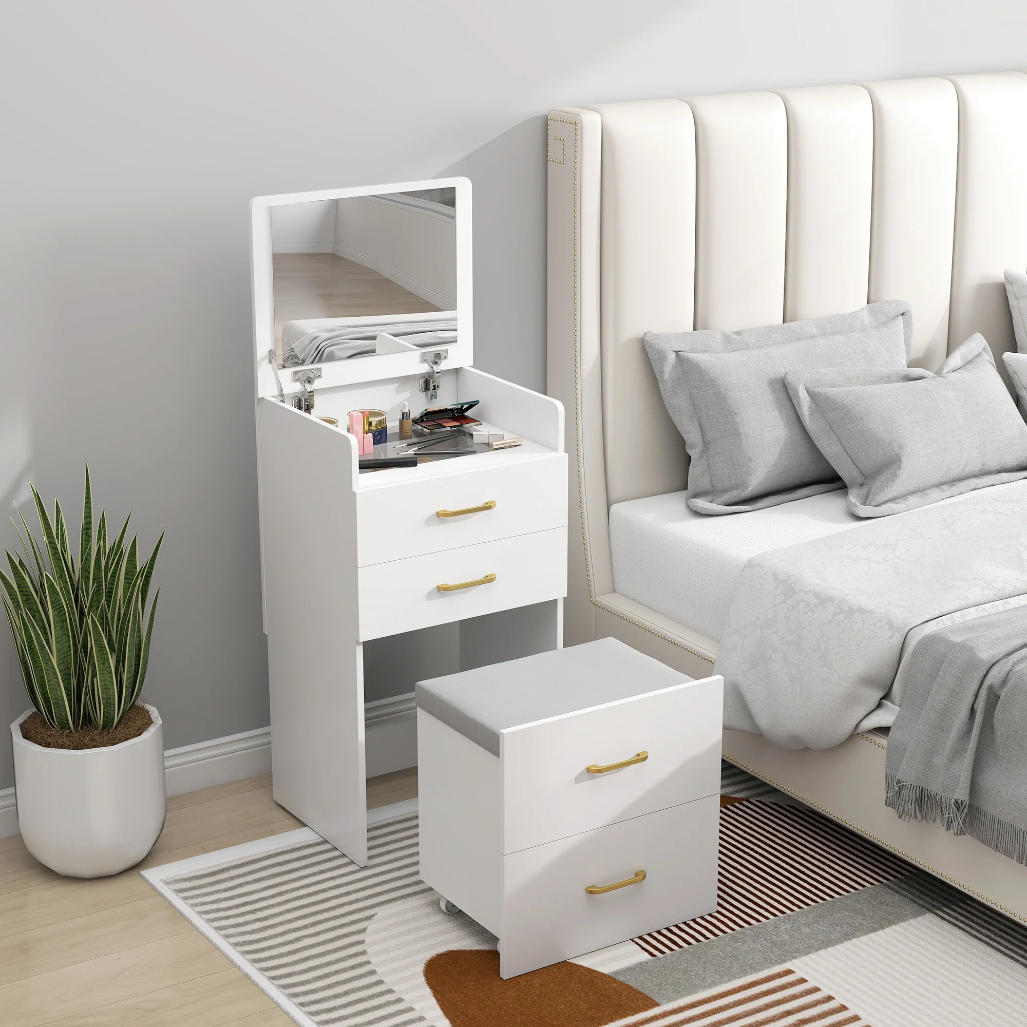 HOMCOM 3-in-1 Make-uptafel met Spiegel, Nachtkastje, Rollende Kruk, Lades, Wit
