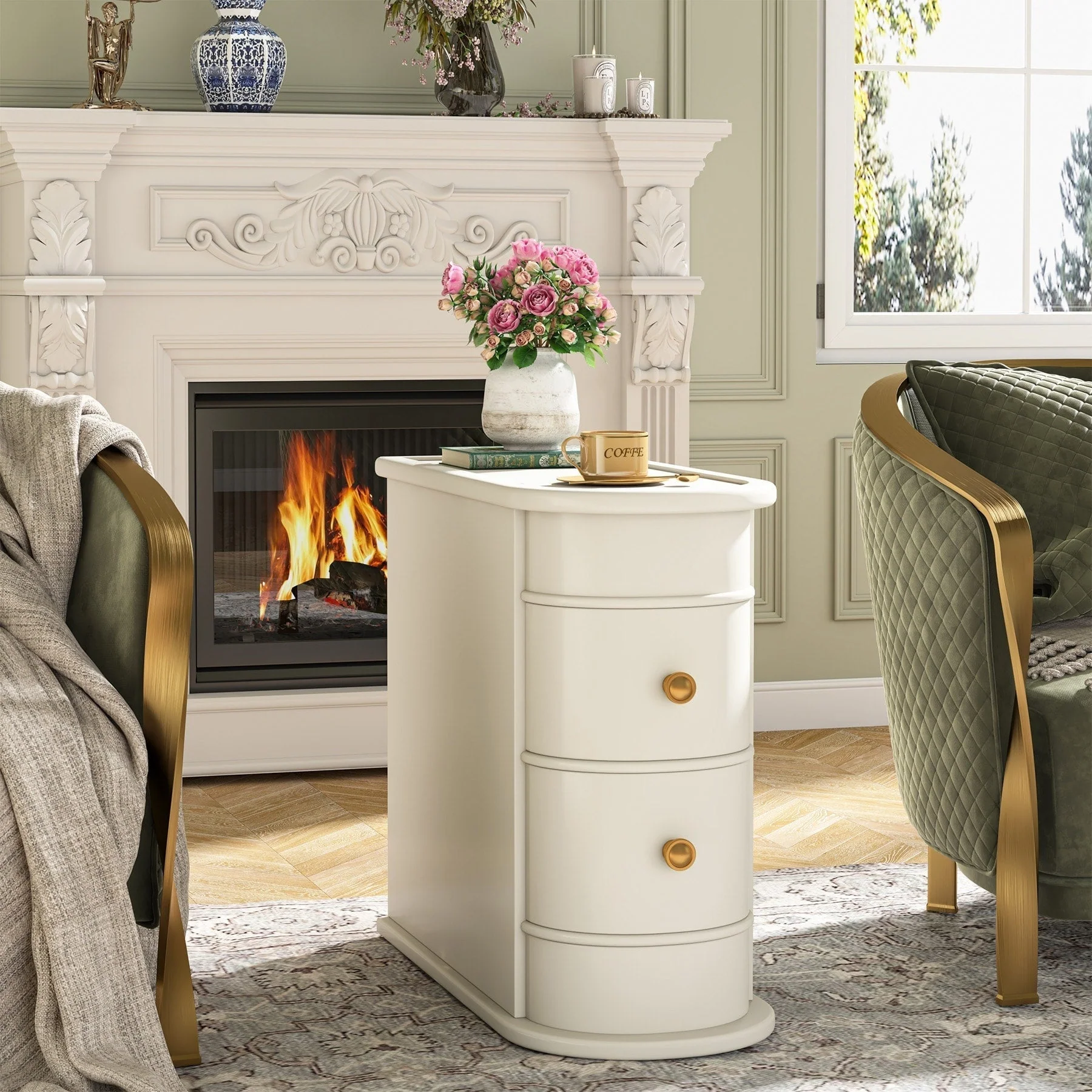Solid Wood Chairside End Table, Two-Drawer Narrow Side Table Slim