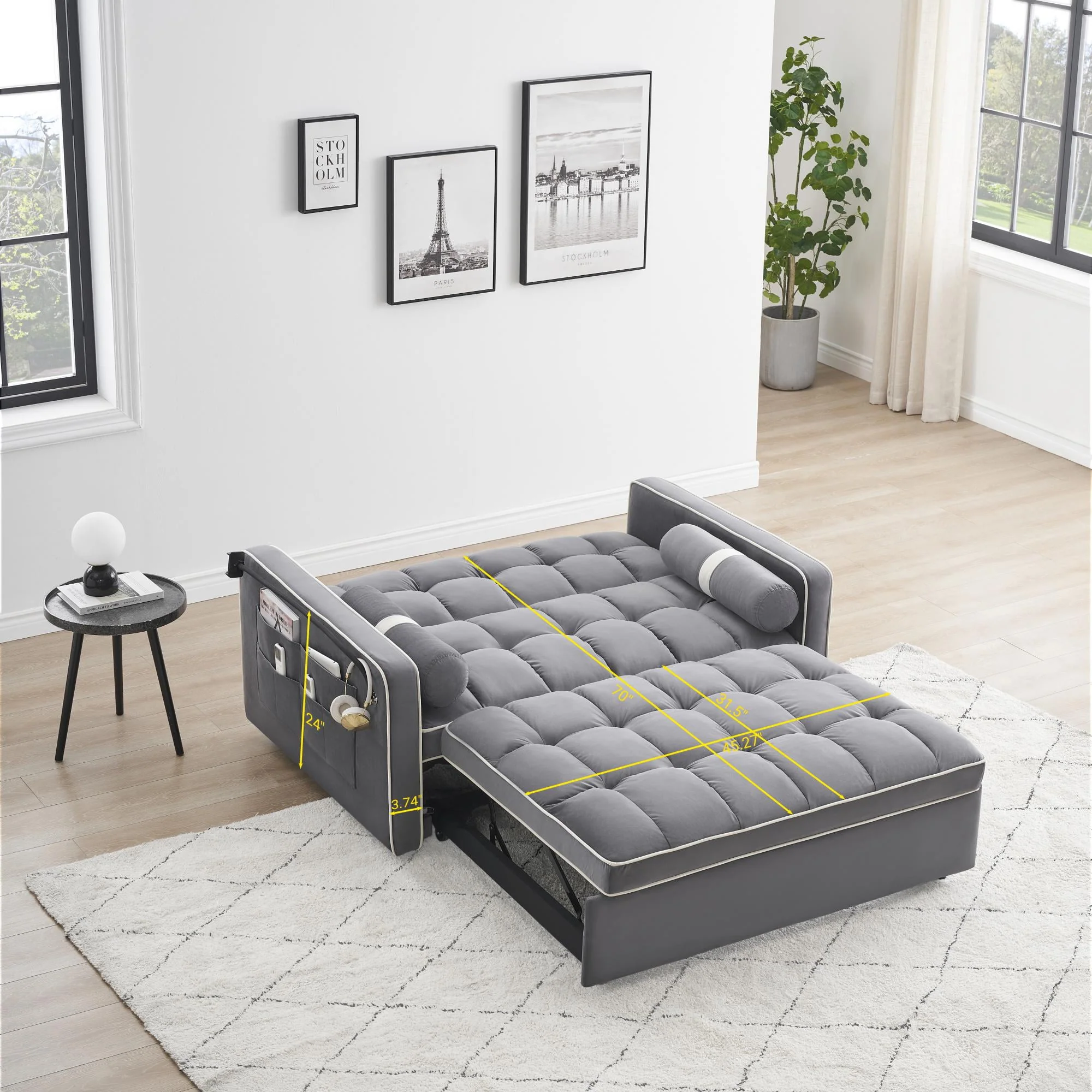 3 in 1 divano letto, piccolo velluto trapuntato convertibile divano futon con letto estraibile, schienale regolabile, cuscini cilindrici, multitasche, porta telefono per il soggiorno appartamento, grigio, 55,5”.
