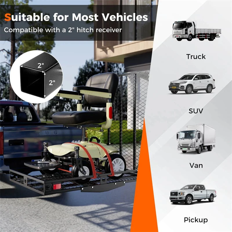 500 LBS Hitch Mount Cargo Carrier with Foldable Ramp, Heavy-Duty Mobility Scooter Wheelchair Carrier for SUV Cars with Stabilizer & 2 Tie-Down Straps