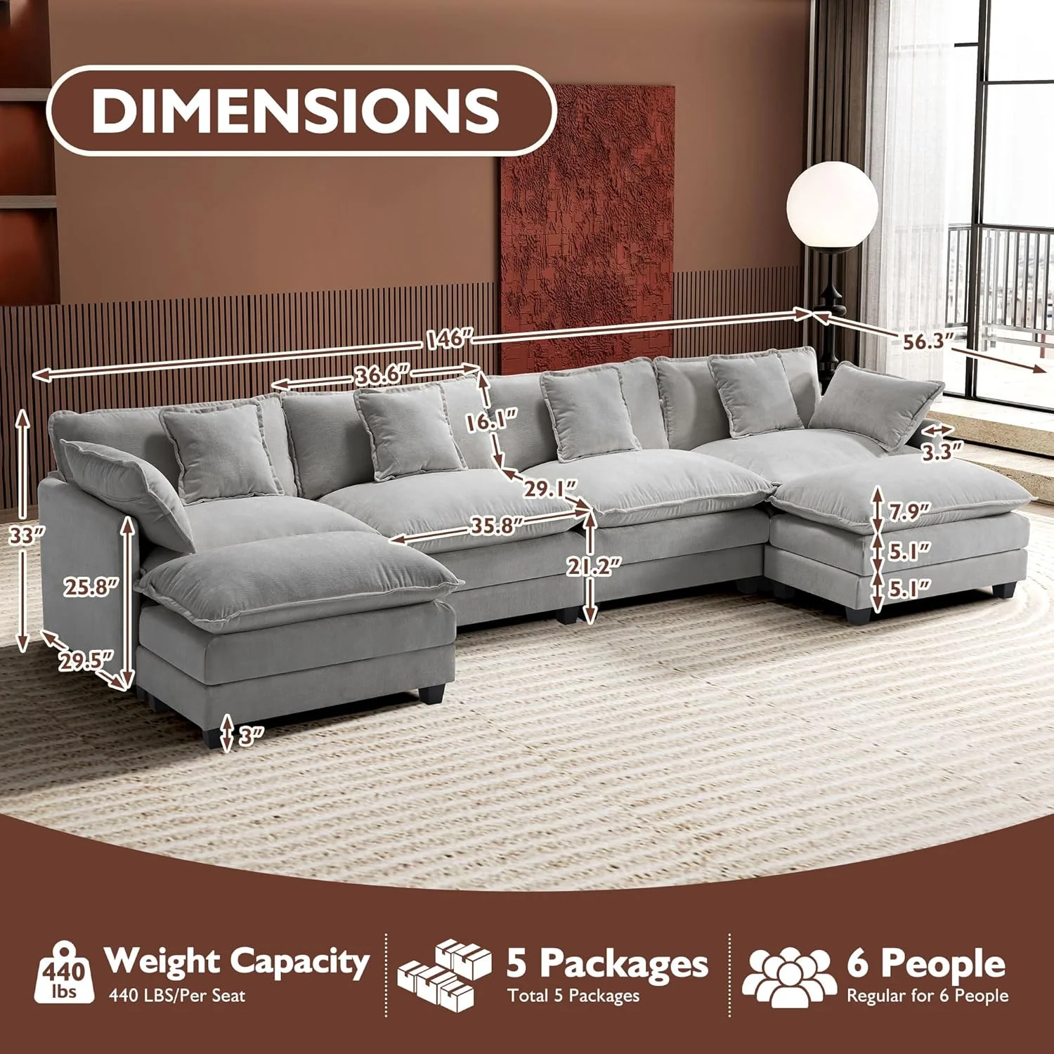 111.4 Inch L-Shaped Modern Sofa Modular Cloud Sofa Ottoman 4-Seater Chenille Deep Seat Sofa