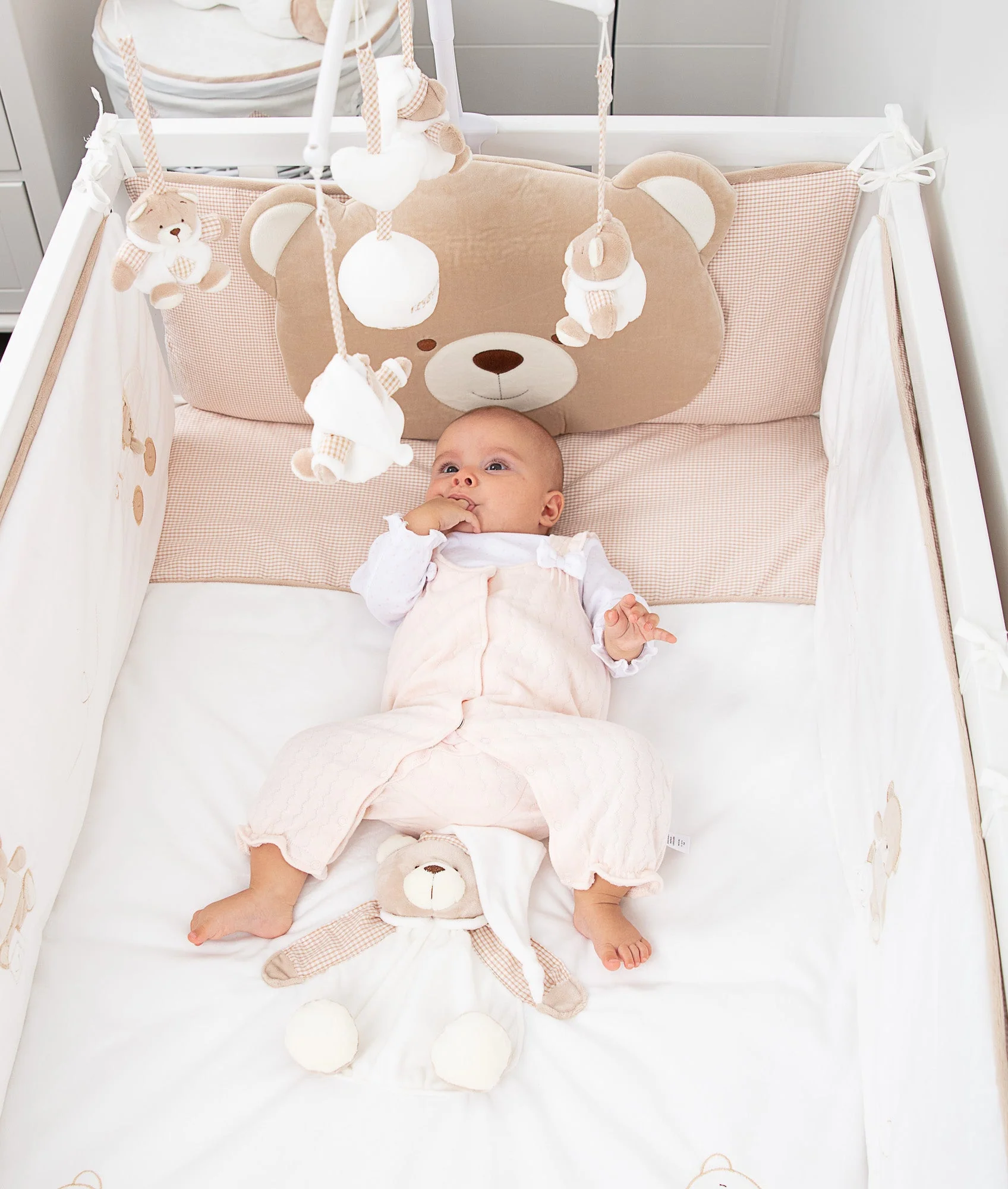 4pc Cot Bumper Set | White & Beige