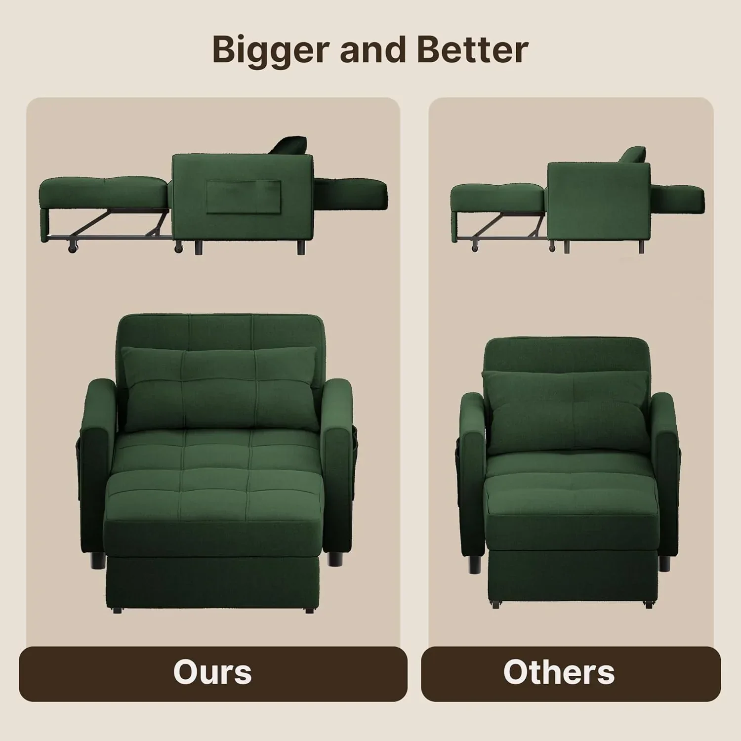 Sofa Bed Chair 3 in 1 Convertible Pullout Single Sleeper Chair Bed Spacious Multifunctional Sofa
