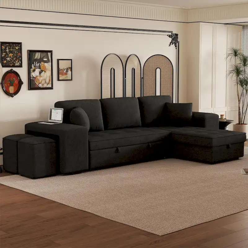104 Modern L-Shape 3 Seat Reversible Sectional Couch, Pull Out Sleeper Sofa with Storage Chaise and 2 Stools