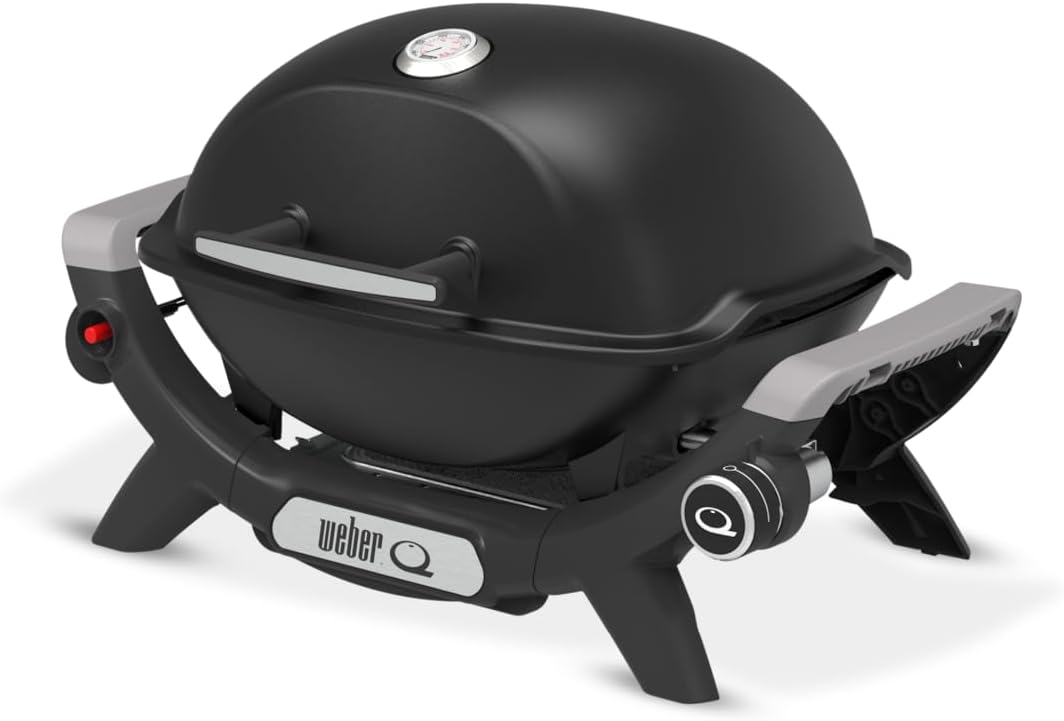 Weber Q 1100N Gasgrill/Tragbarer, leichter Grill für Camping, Terrassen und Balkone mit Hochleistungsbrenner, porzellanemaillierten Gussrosten und elektronischer Zündung, Mitternachtsschwarz