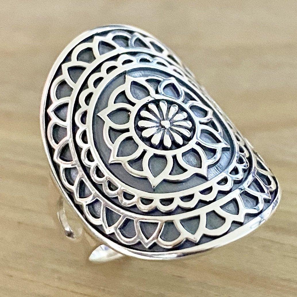 Laihas Sterling Silver Statement Catching Dreams Mandala Boho Ring Ass sizes