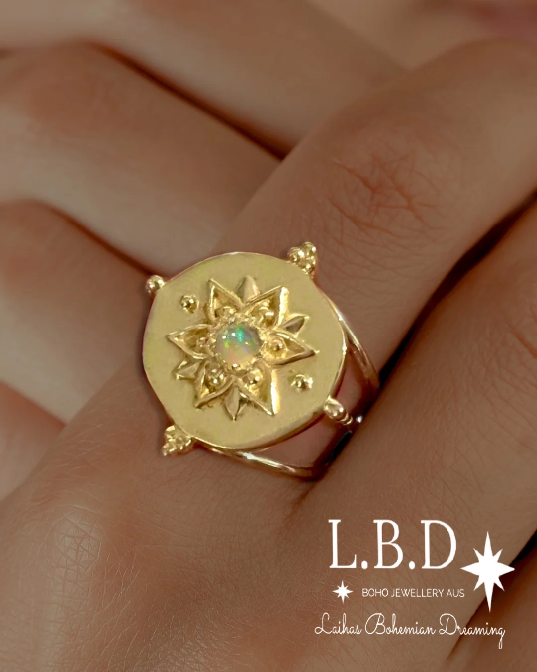 Intricate Vera May Gold Boho Ring- Genuine Opal Ring